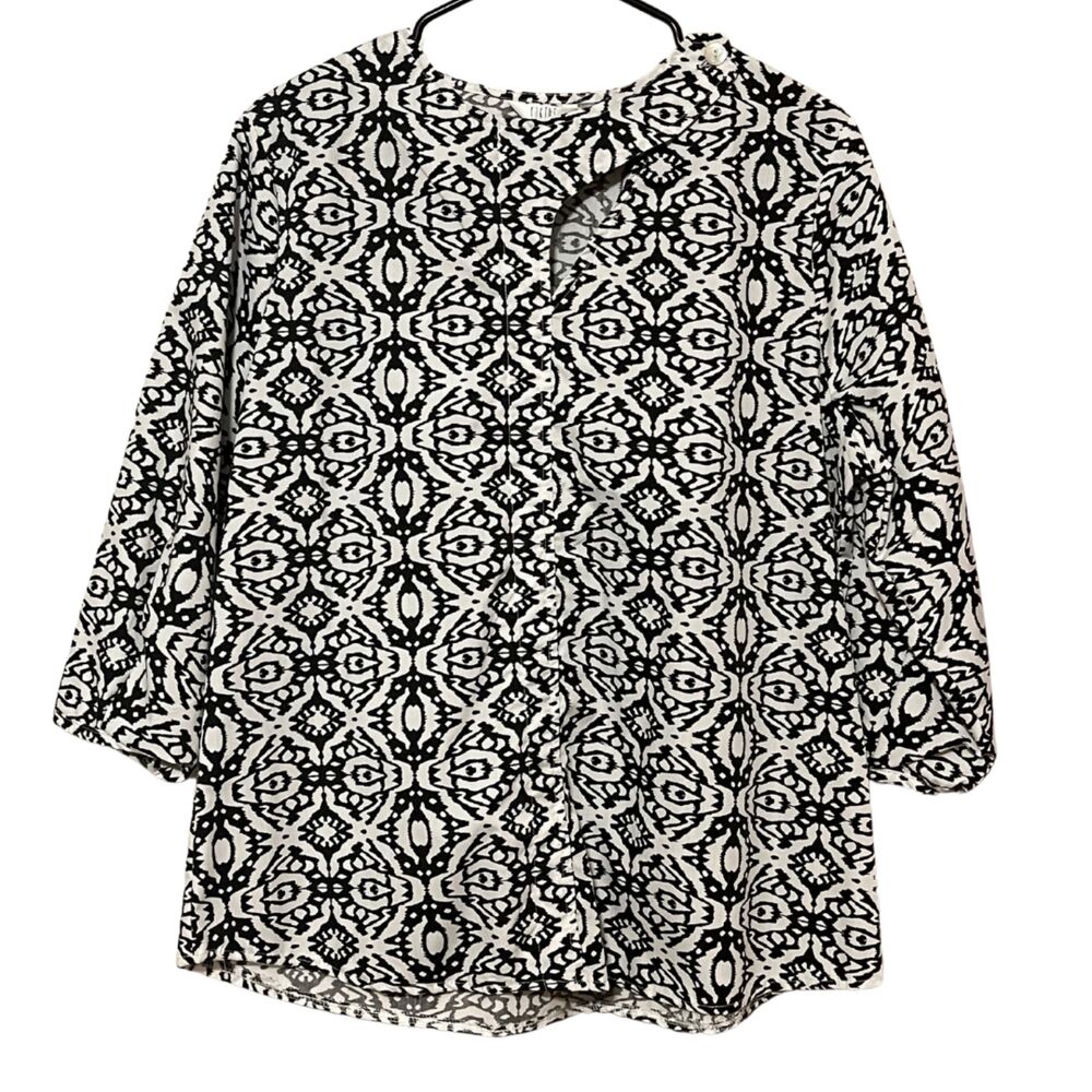 KAKTUS BLACK AND WHITE COTTON BLEND BLOUSE KEYHOLE NECK 3/4 SLEEVE SIZE LARGE